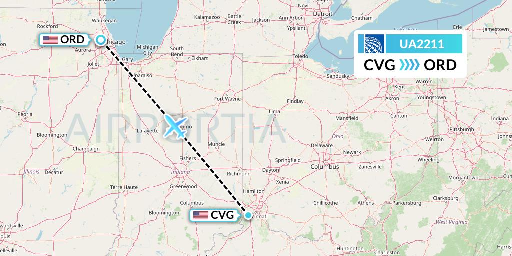 UA2211 United Airlines Flight Map: Cincinnati to Chicago