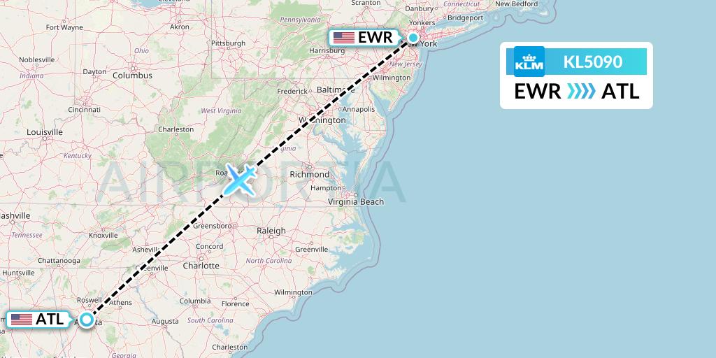 KL5090 KLM Flight Map: New York to Atlanta