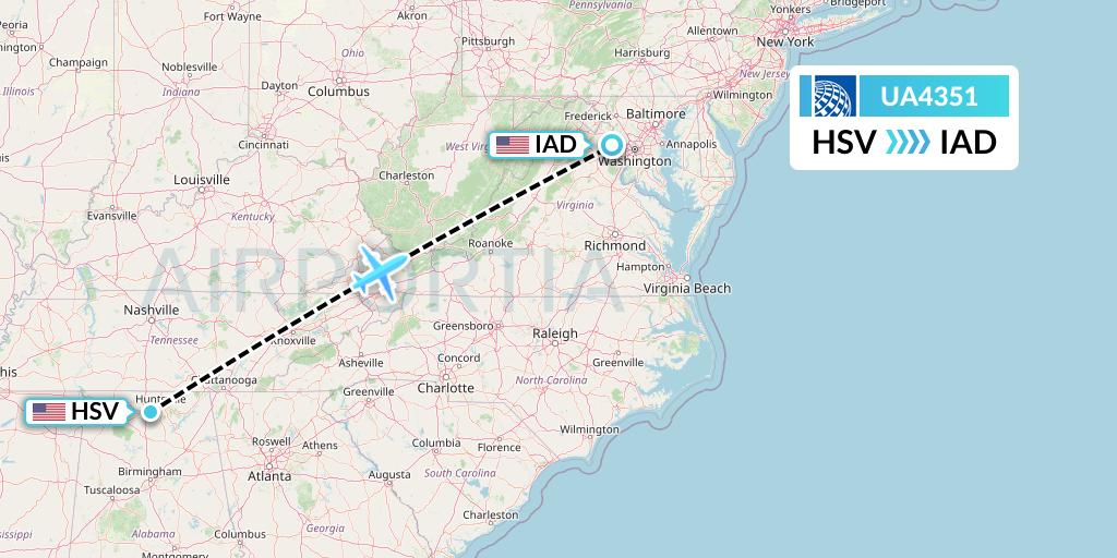 UA4351 United Airlines Flight Map: Huntsville to Washington