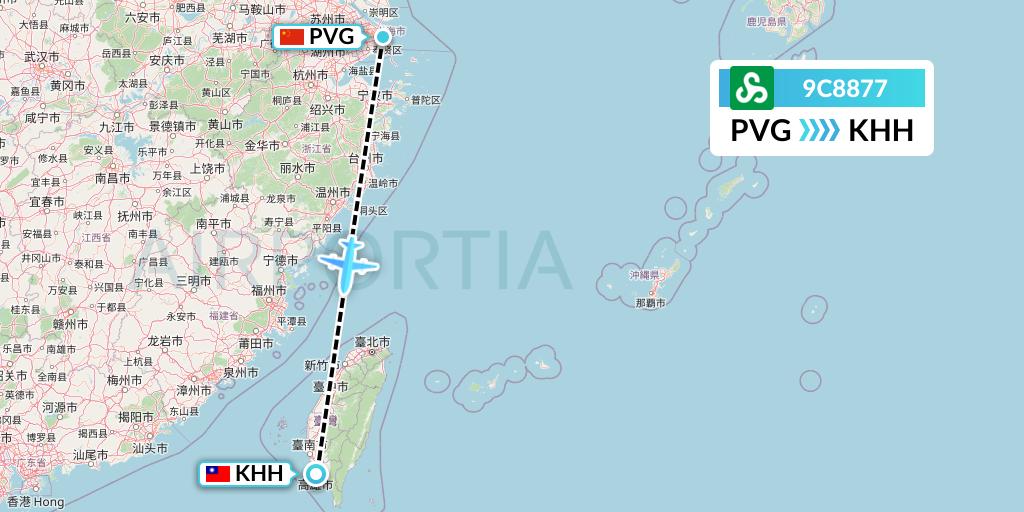 9C8877 Spring Airlines Flight Map: Shanghai to Kaohsiung