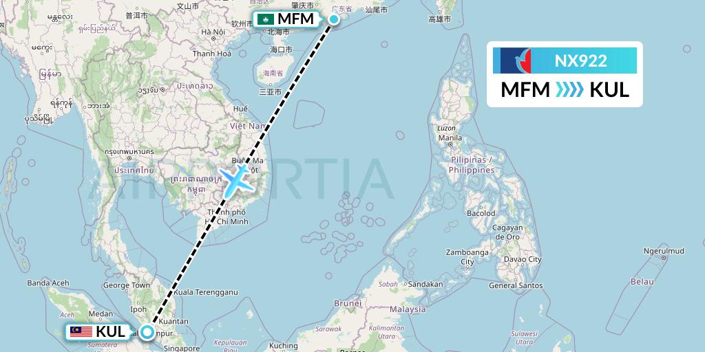 NX922 Air Macau Flight Map: Macau to Kuala Lumpur