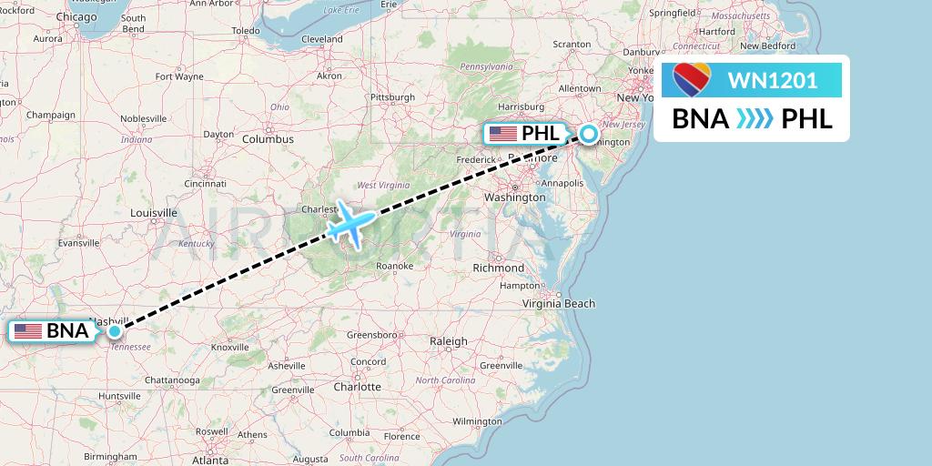 WN1201 Southwest Airlines Flight Map: Nashville to Philadelphia