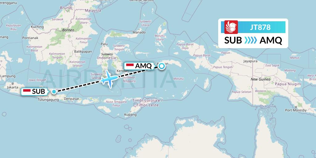 JT878 Lion Airlines Flight Map: Surabaya to Ambon