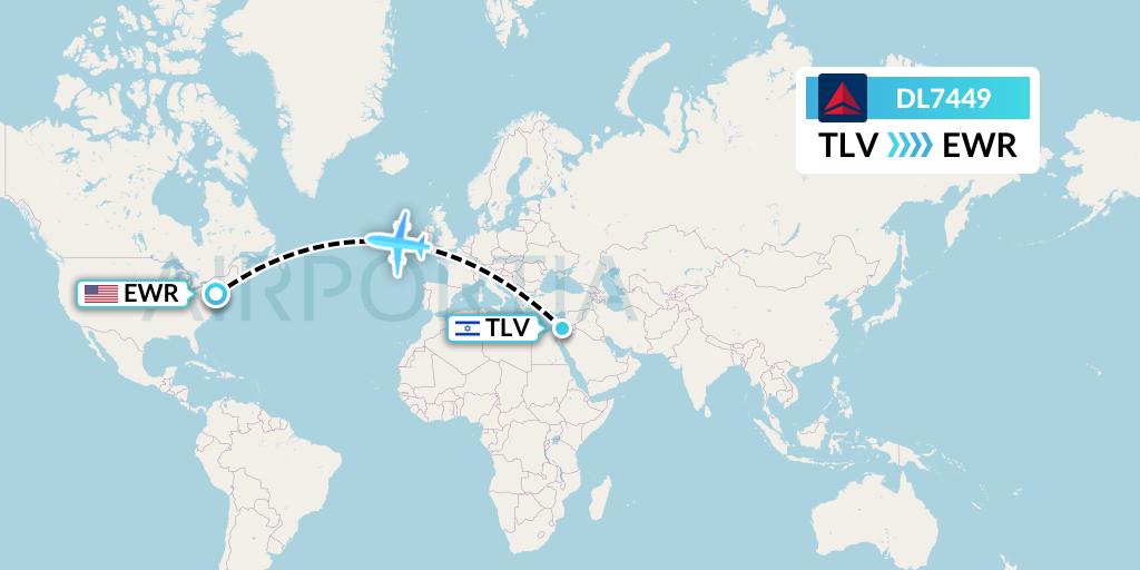 DL7449 Delta Air Lines Flight Map: Tel Aviv to New York