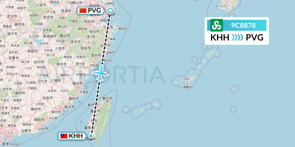 9C8878 Spring Airlines Flight Map: Kaohsiung to Shanghai