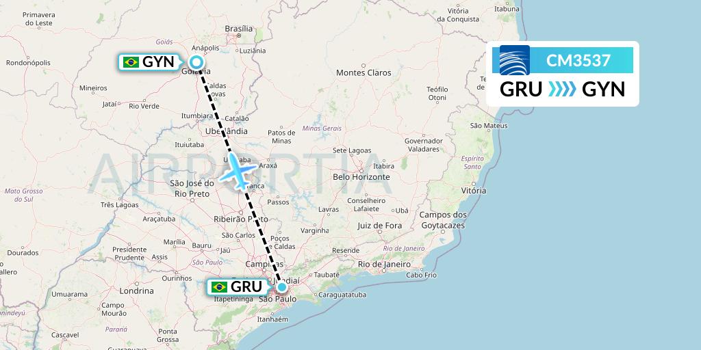 CM3537 Copa Airlines Flight Map: Sao Paulo to Goiania