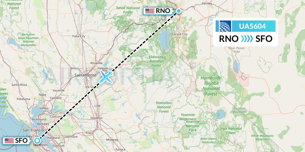 UA5604 United Airlines Flight Map: Reno to San Francisco