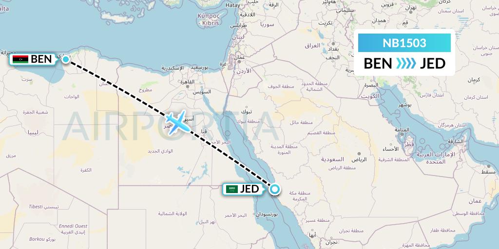NB1503 Berniq Airways Flight Map: Benghazi to Jeddah