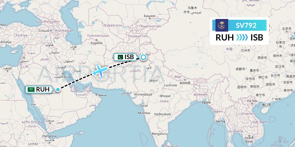 SV792 Saudi Arabian Airlines Flight Map: Riyadh to Islamabad