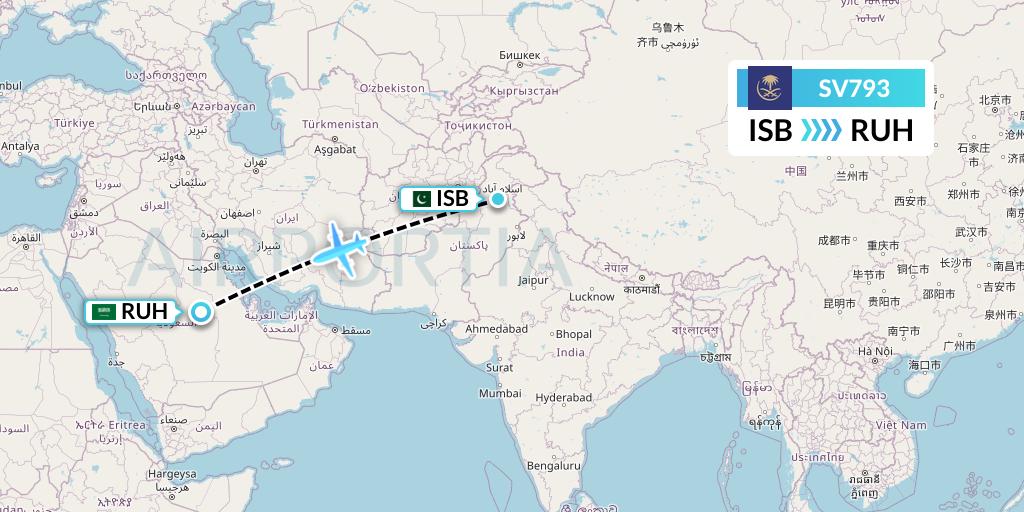 SV793 Saudi Arabian Airlines Flight Map: Islamabad to Riyadh