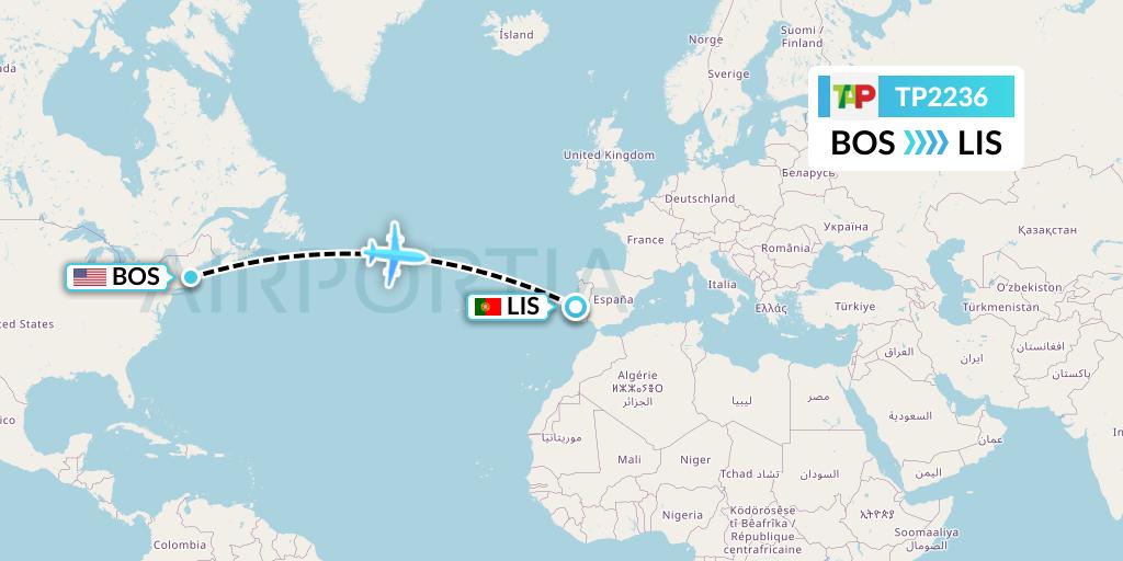 TP2236 TAP Portugal Flight Map: Boston to Lisbon