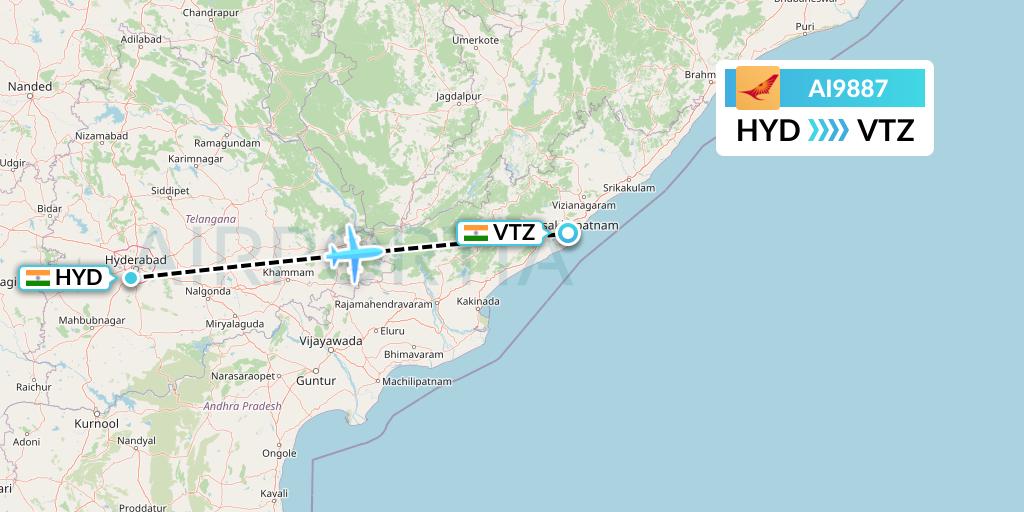 AI9887 Air India Flight Map: Hyderabad to Visakhapatnam