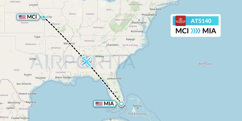 AT5140 Royal Air Maroc Flight Map: Kansas City to Miami