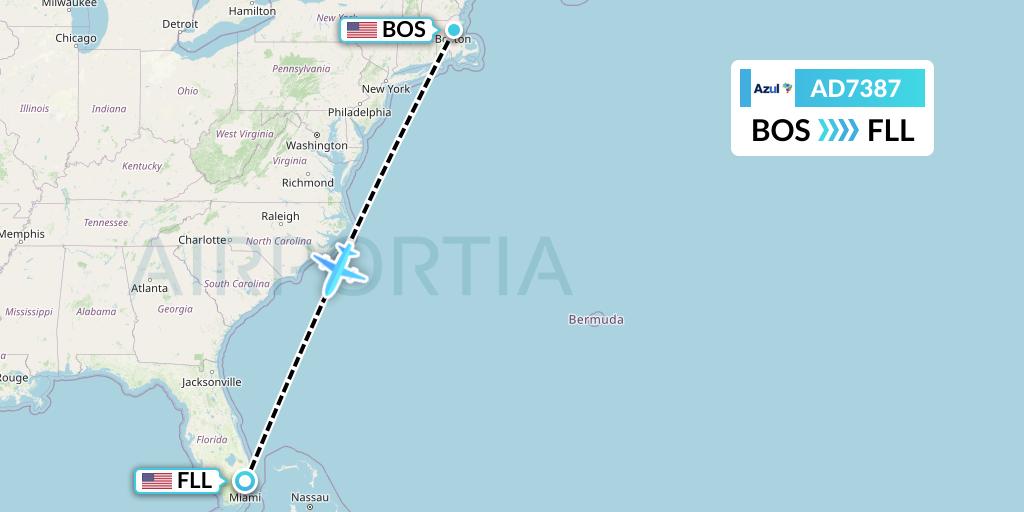 AD7387 Azul Brazilian Airlines Flight Map: Boston to Fort Lauderdale