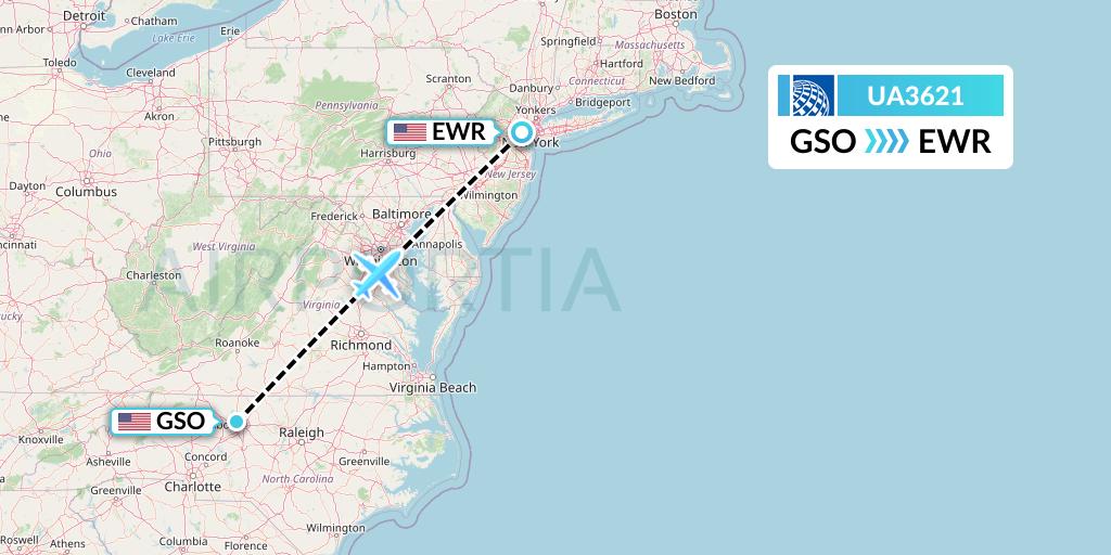 UA3621 United Airlines Flight Map: Greensboro to New York