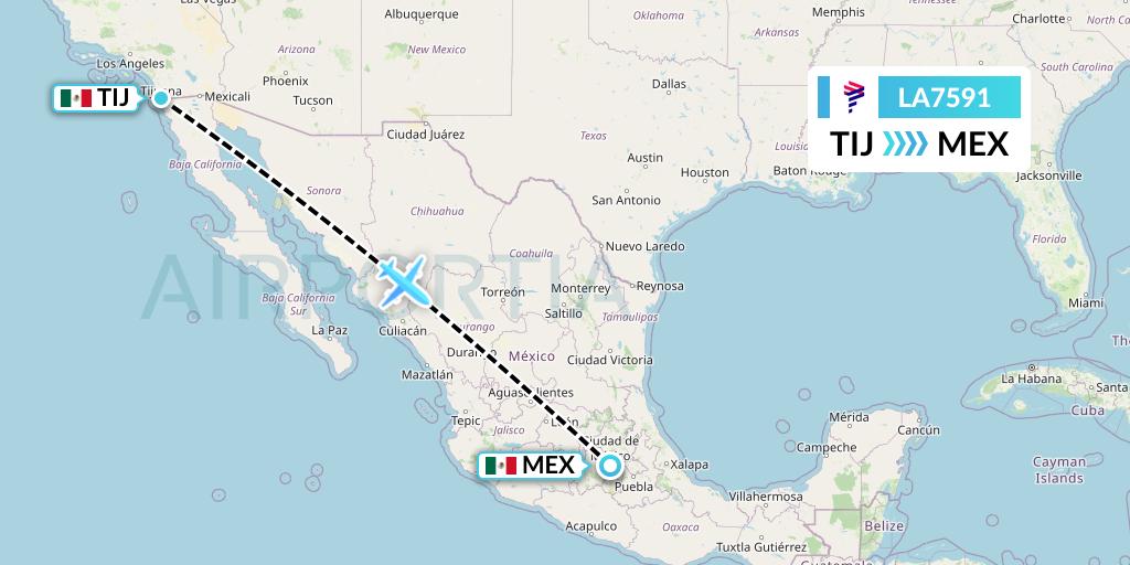 LA7591 LAN Airlines Flight Map: Tijuana to Mexico City
