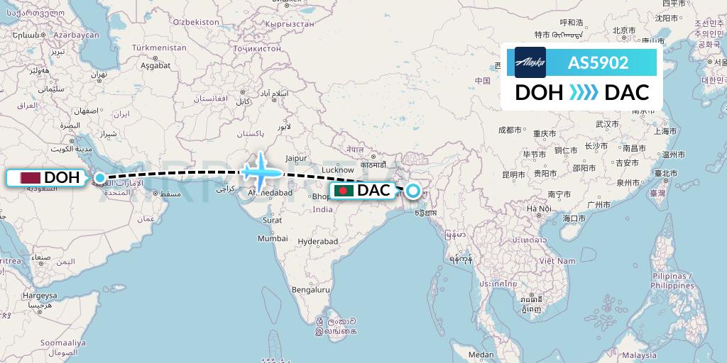 AS5902 Alaska Airlines Flight Map: Doha to Dhaka