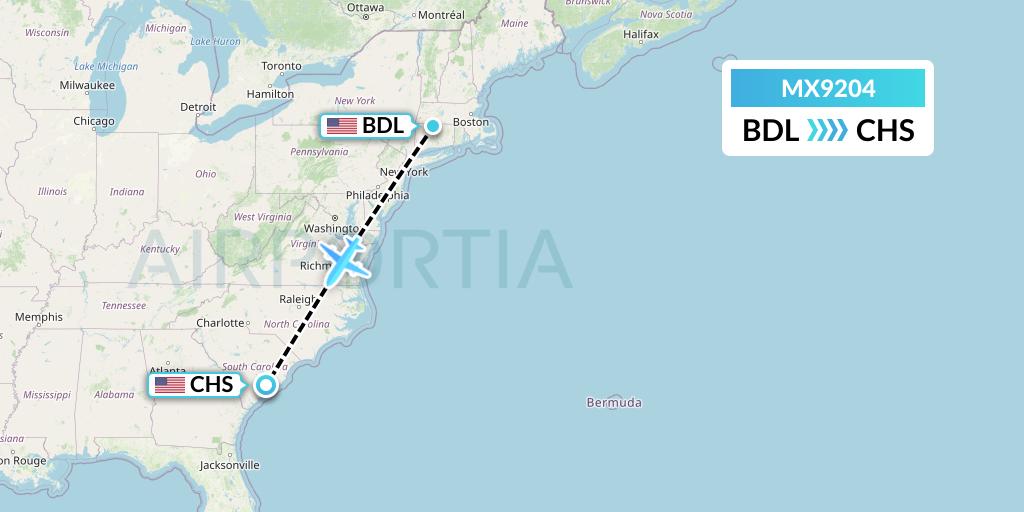 MX9204 Breeze Airways Flight Map: Windsor Locks to Charleston