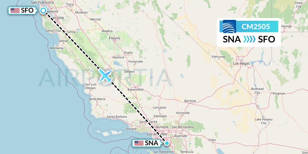 CM2505 Copa Airlines Flight Map: Orange County to San Francisco