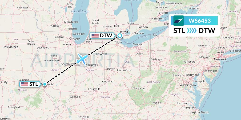 WS6453 WestJet Flight Map: St. Louis to Detroit