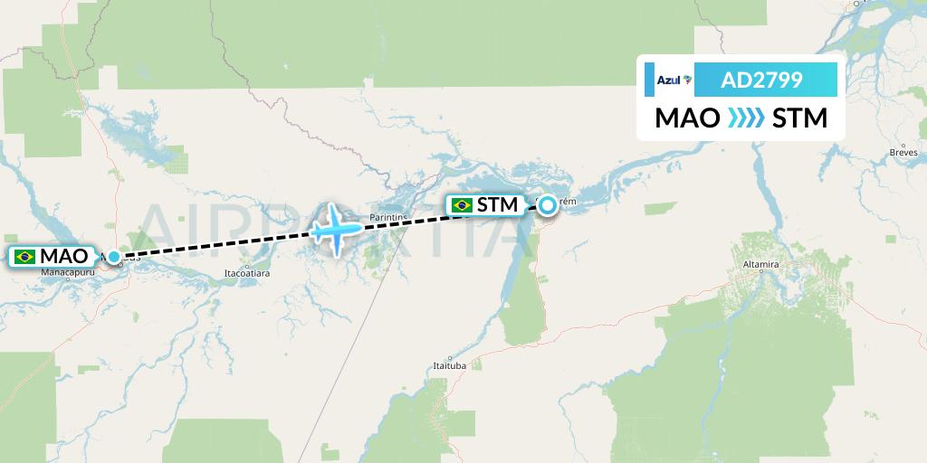AD2799 Azul Brazilian Airlines Flight Map: Manaus to Santarem