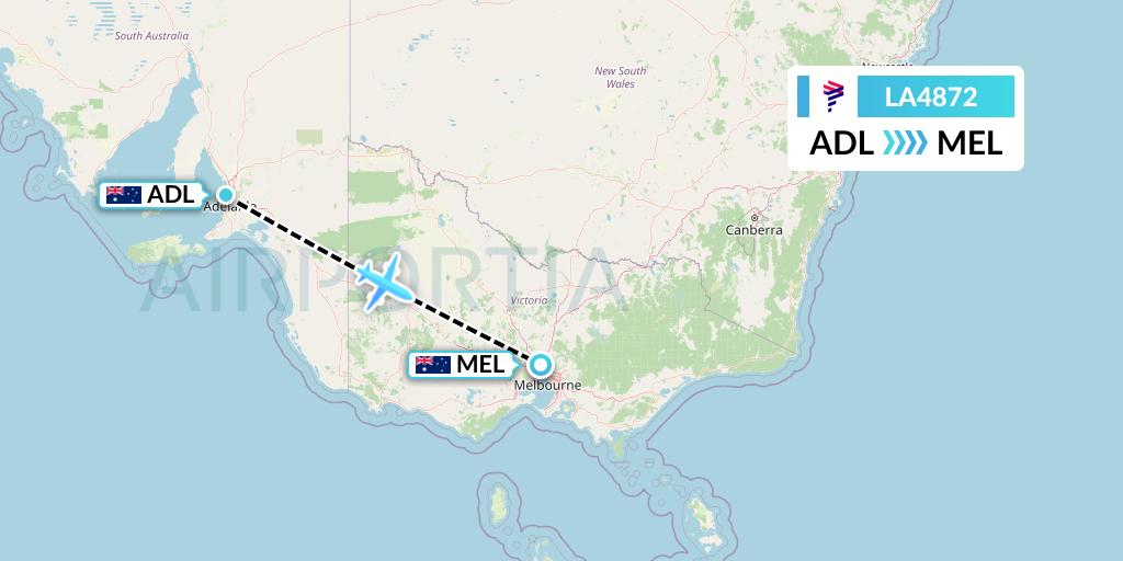 LA4872 LAN Airlines Flight Map: Adelaide to Melbourne