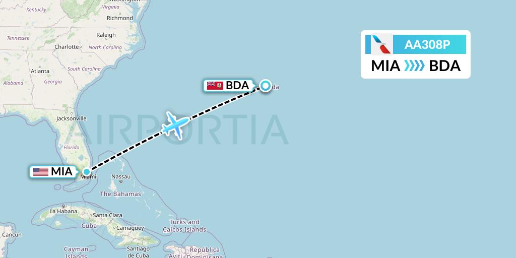 AA308P American Airlines Flight Map: Miami to Bermuda