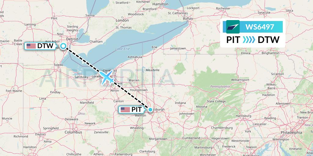 WS6497 WestJet Flight Map: Pittsburgh to Detroit