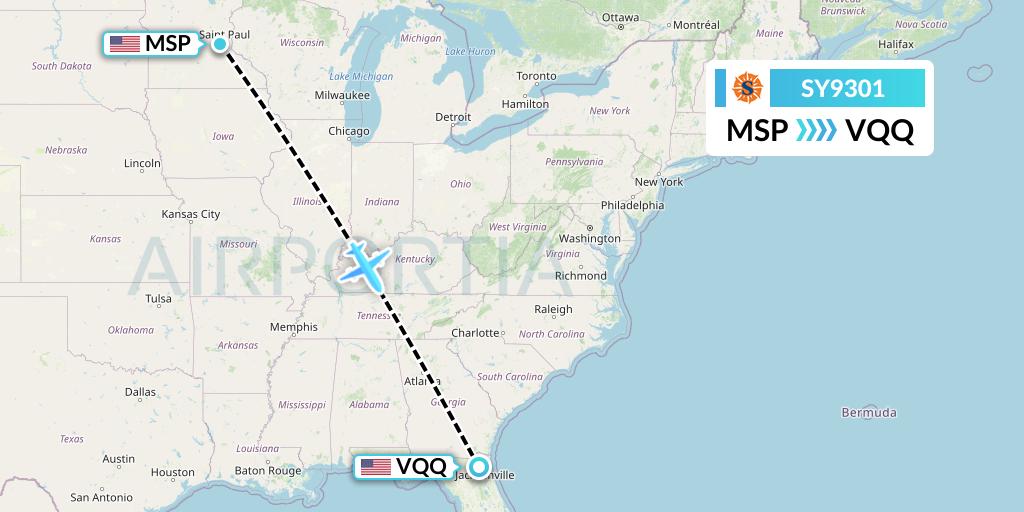 SY9301 Sun Country Airlines Flight Map: Minneapolis to Jacksonville