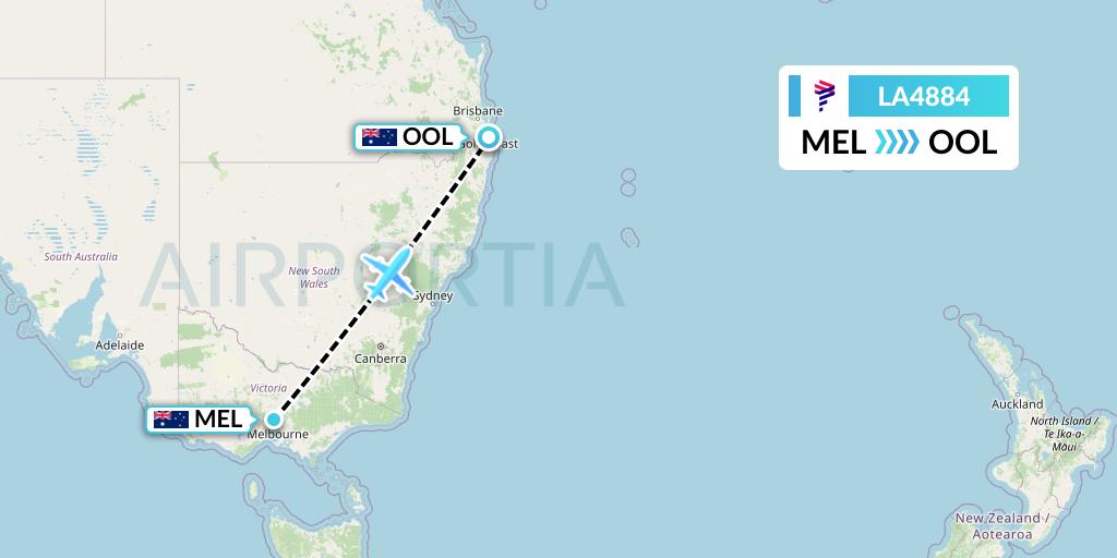 LA4884 LAN Airlines Flight Map: Melbourne to Gold Coast