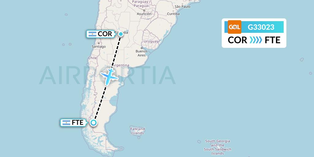 G33023 GOL Transportes Aeros Flight Map: Cordoba to El Calafate