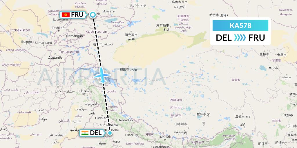 KA578 Aero Nomad Airlines Flight Map: Delhi to Bishkek