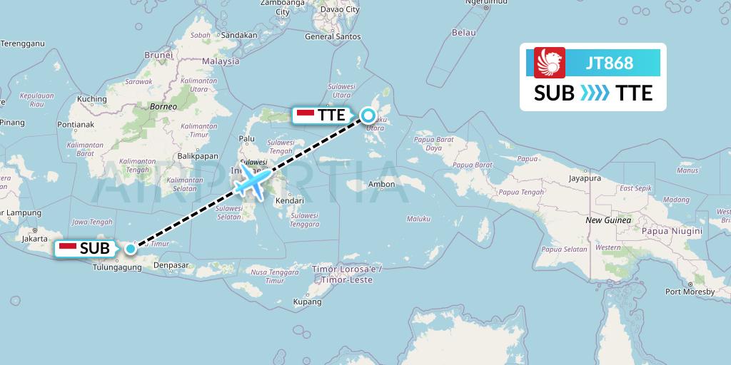 JT868 Lion Airlines Flight Map: Surabaya to Ternate
