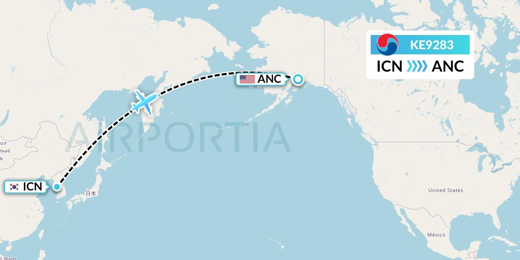 KE9283 Korean Air Flight Map: Seoul to Anchorage