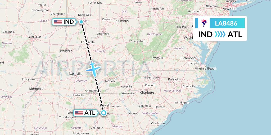 LA8486 LAN Airlines Flight Map: Indianapolis to Atlanta