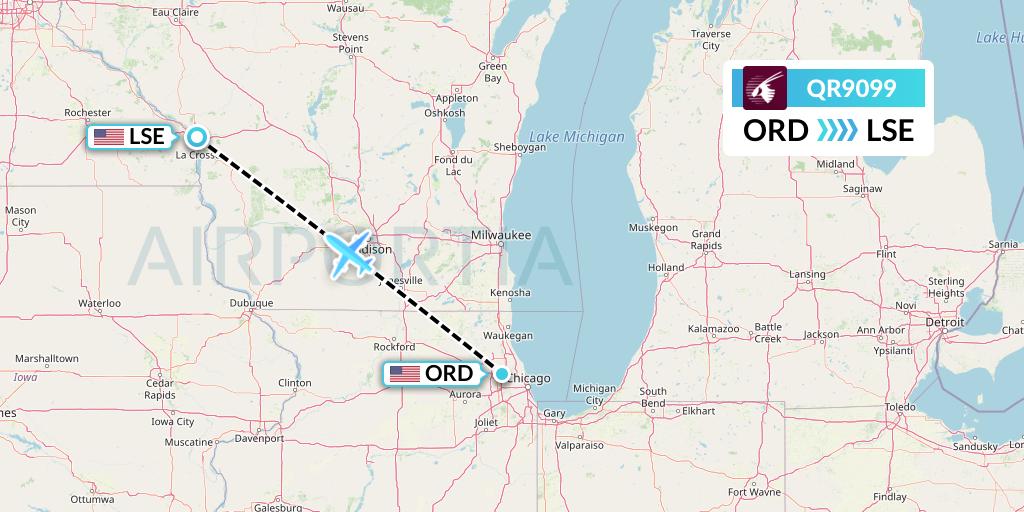 QR9099 Qatar Airways Flight Map: Chicago to La Crosse