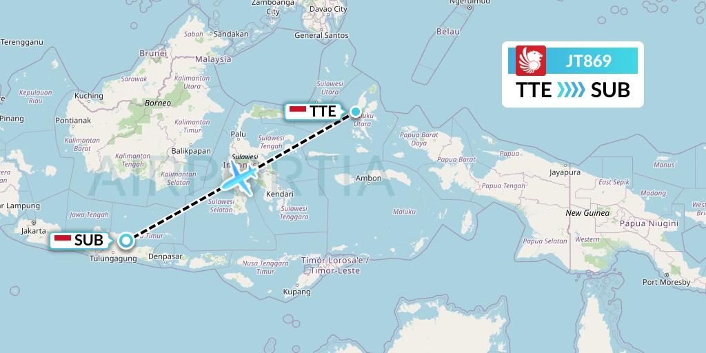 JT869 Lion Airlines Flight Map: Ternate to Surabaya