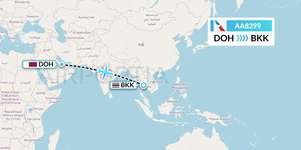 AA8299 American Airlines Flight Map: Doha to Bangkok
