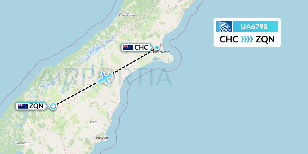UA6798 United Airlines Flight Map: Christchurch to Queenstown
