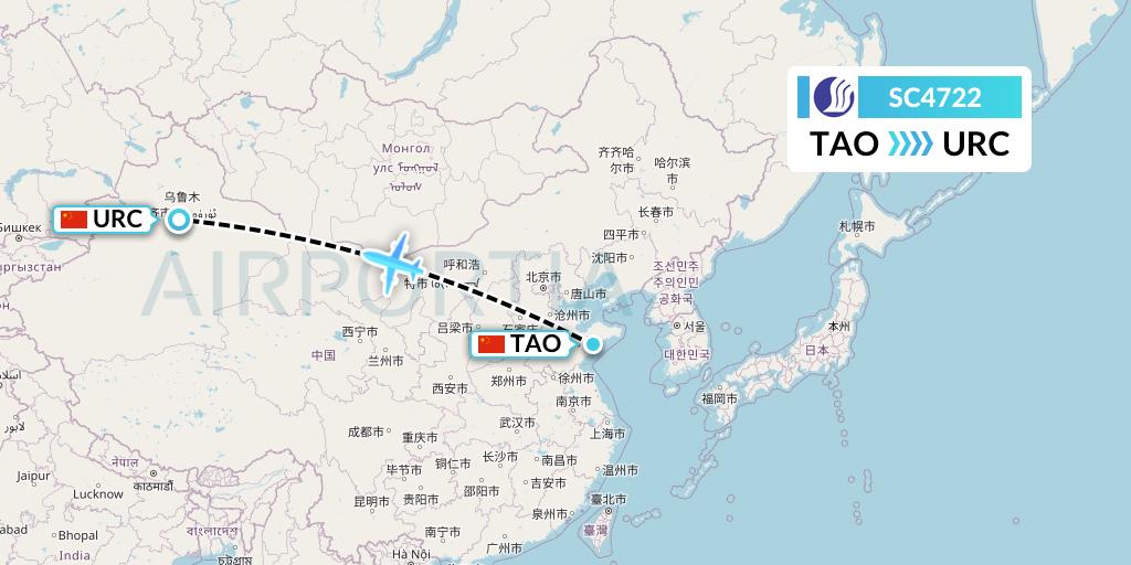 SC4722 Shandong Airlines Flight Map: Qingdao to Urumqi