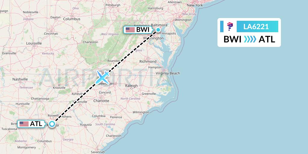 LA6221 LAN Airlines Flight Map: Baltimore to Atlanta