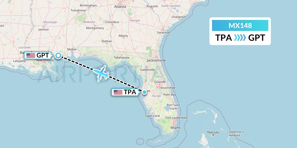 MX148 Breeze Airways Flight Map: Tampa to Gulfport