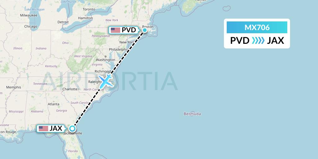 MX706 Breeze Airways Flight Map: Providence to Jacksonville