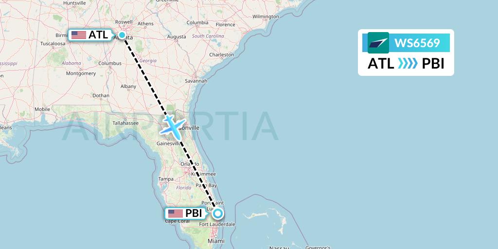 WS6569 WestJet Flight Map: Atlanta to West Palm Beach