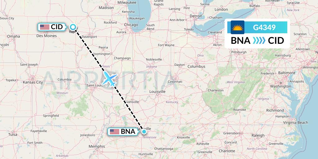 G4349 Allegiant Air Flight Map: Nashville to Cedar Rapids