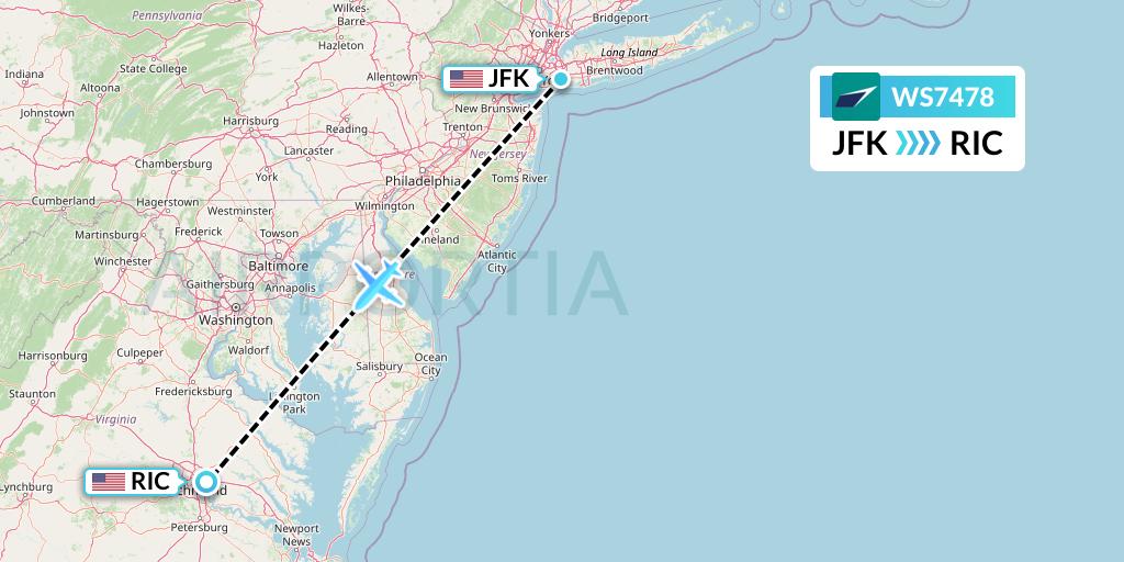 WS7478 WestJet Flight Map: New York to Richmond