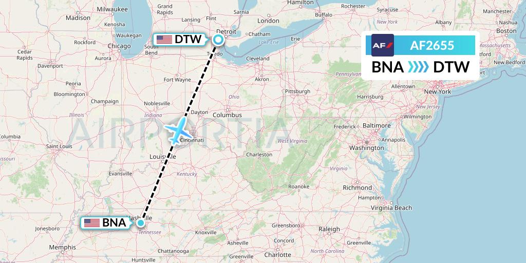 AF2655 Air France Flight Map: Nashville to Detroit