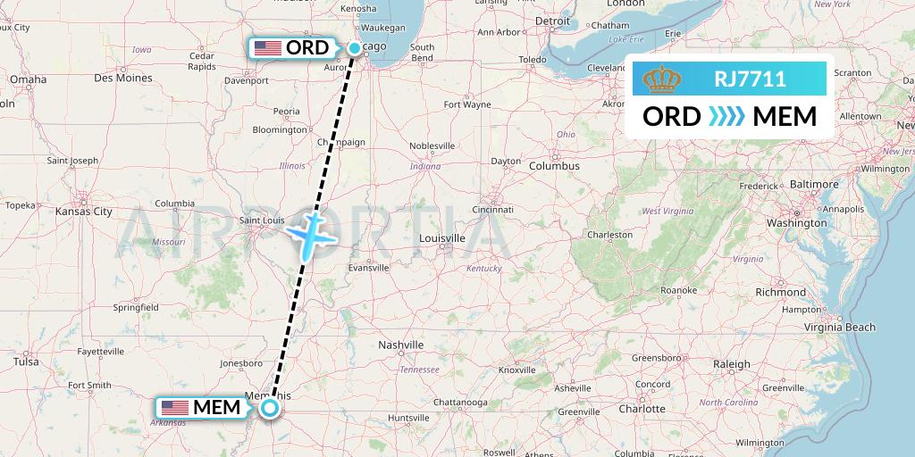 RJ7711 Royal Jordanian Flight Map: Chicago to Memphis