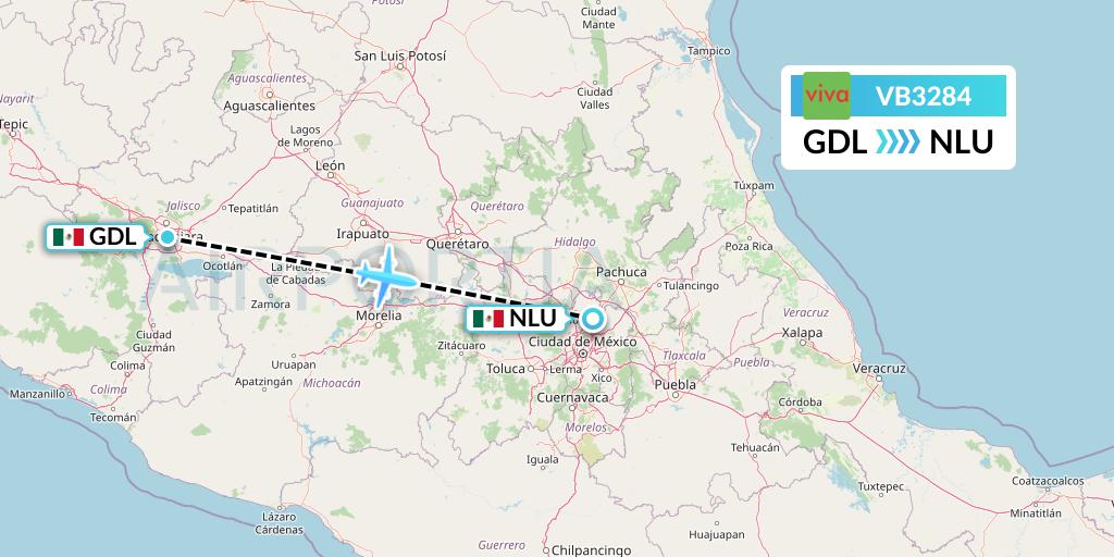 VB3284 VivaAerobus Flight Map: Guadalajara to Reyes Acozac