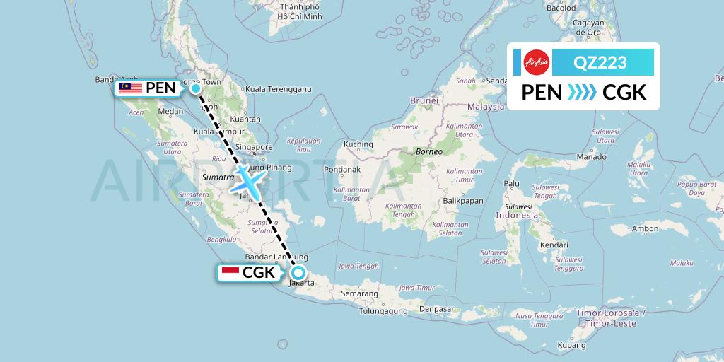 QZ223 Indonesia AirAsia Flight Map: Penang to Jakarta